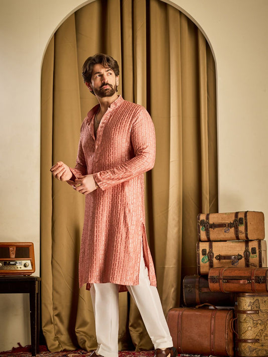 Ethnic Motifs Embroidered Mandarin Collar Sequinned Straight Kurta With Pyjamas