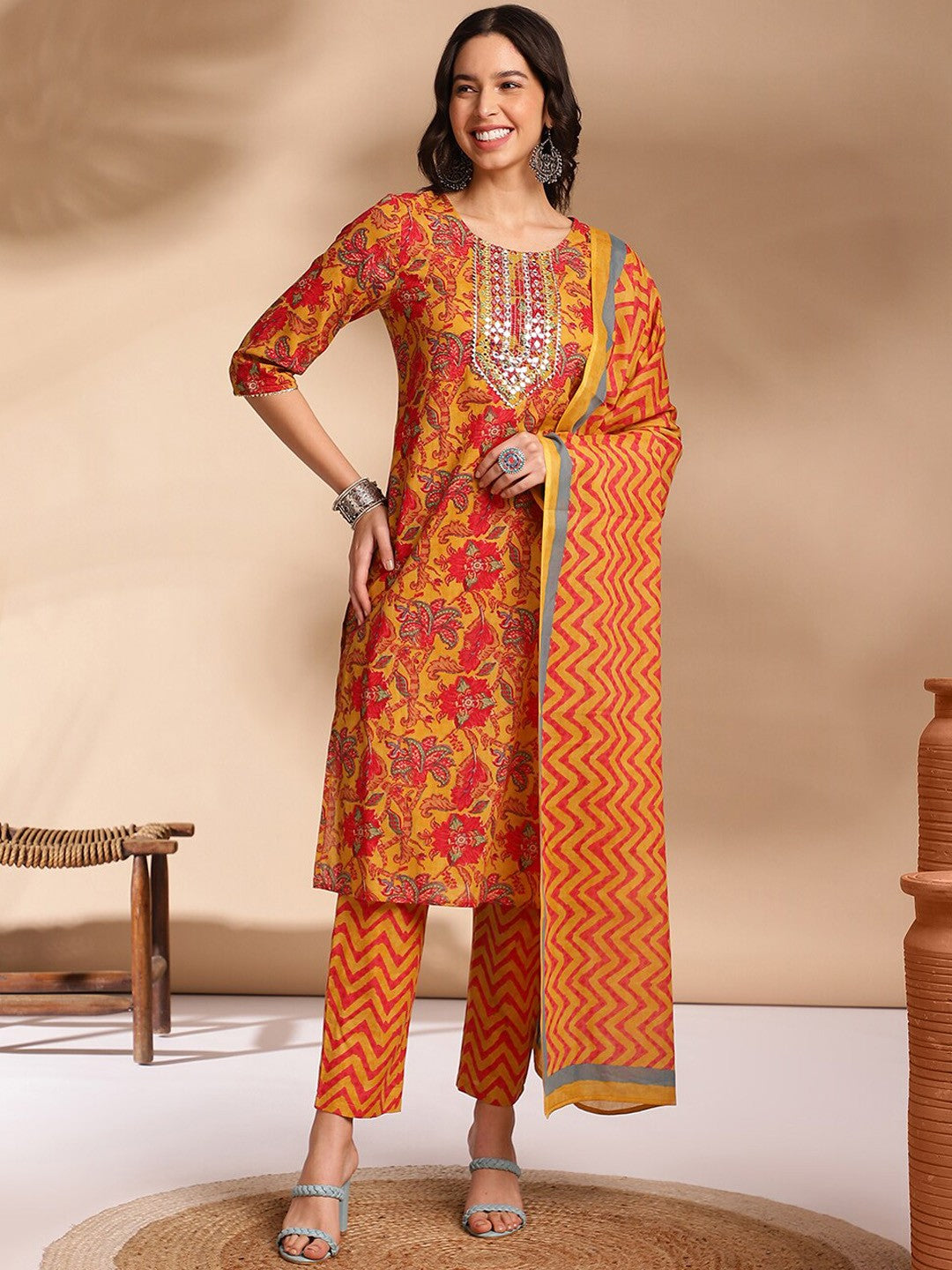 Ethnic Motifs Printed Round Neck Three-Quarter Sleeves Pure Cotton Kurta Set