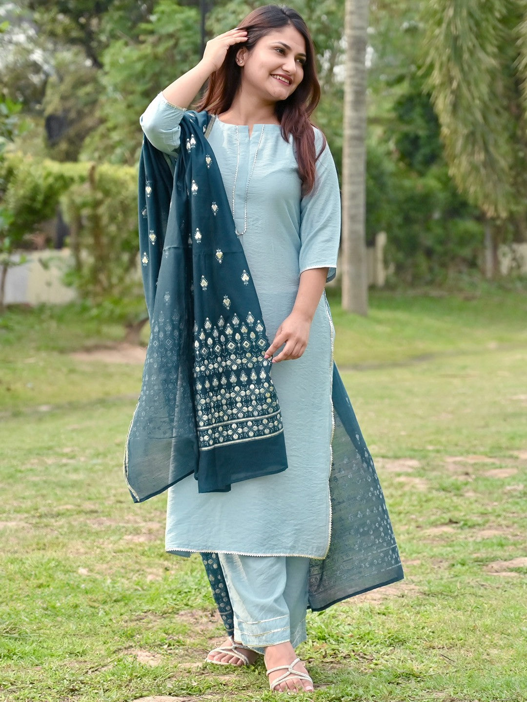 Women Blue Chanderi Silk Gotta Patti Kurta with Palazzos & Dupatta