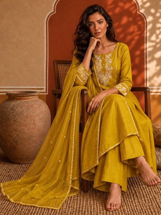 Women Ethnic Motifs Embroidered Regular Thread Work Kurta with Palazzos & Dupatta