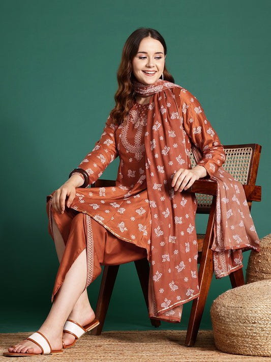 Women Floral Printed Gota Patti Detail Kurta with Dhoti Style Trousers