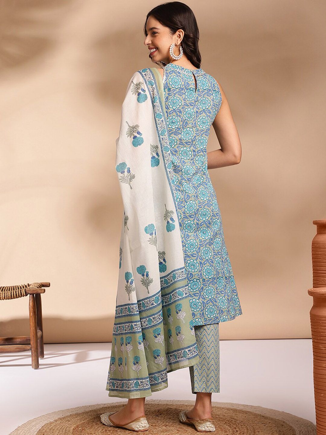 Women Ethnic Motifs Printed Regular Gotta Patti Cotton Republic Day Kurta With Trousers & Dupatta