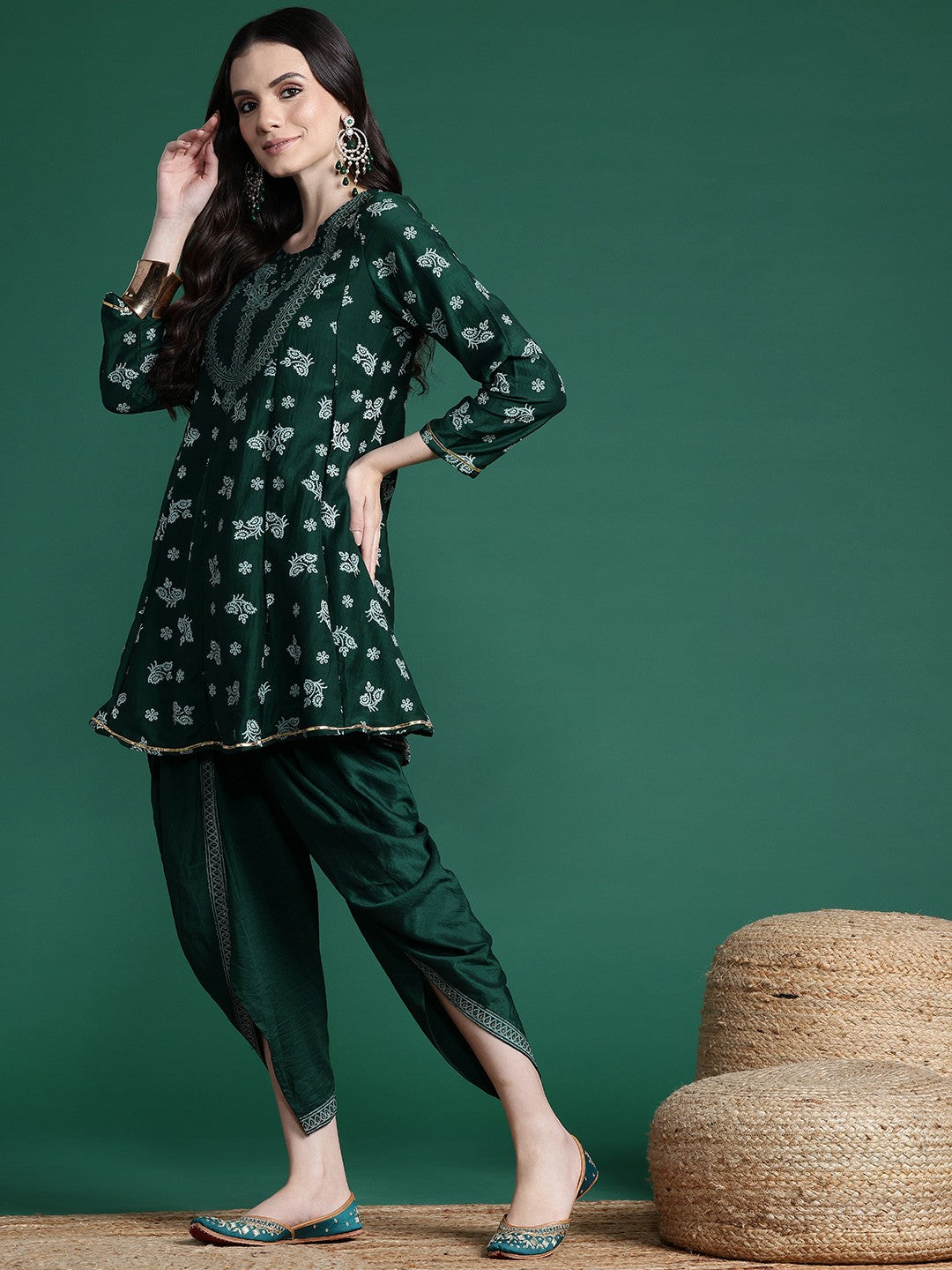 Gotta Patti Work Paisley Print Kurta with Dhoti Pants & Dupatta