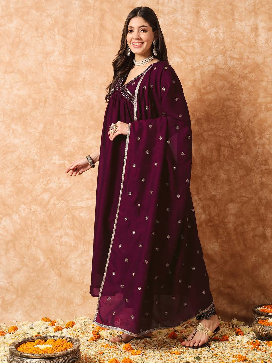 Floral Embroidered A-Line Kurta With Trousers & Dupatta