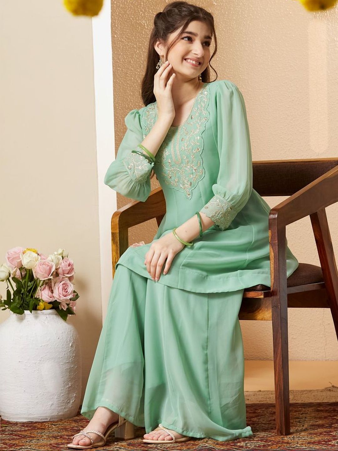 Girls Georgette Embroidered Kurta with Sharara Set