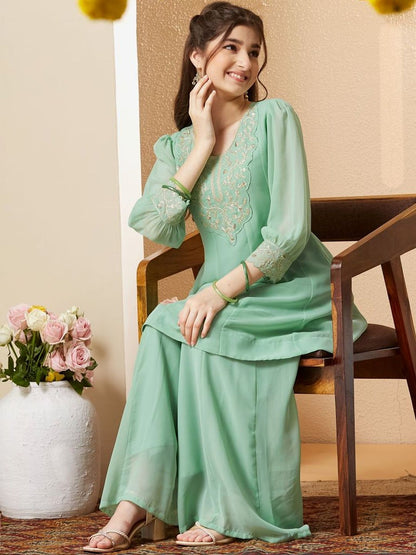 Girls Georgette Embroidered Kurta with Sharara Set