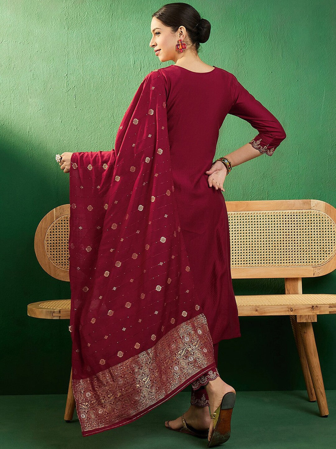 Maroon & Silver Toned Embroidered Straight Kurta With Trouser & Dupatta Set