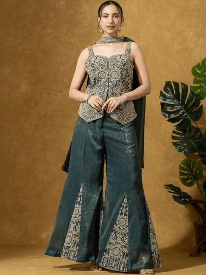 Women Embroidered Top with Palazzos & Jacket