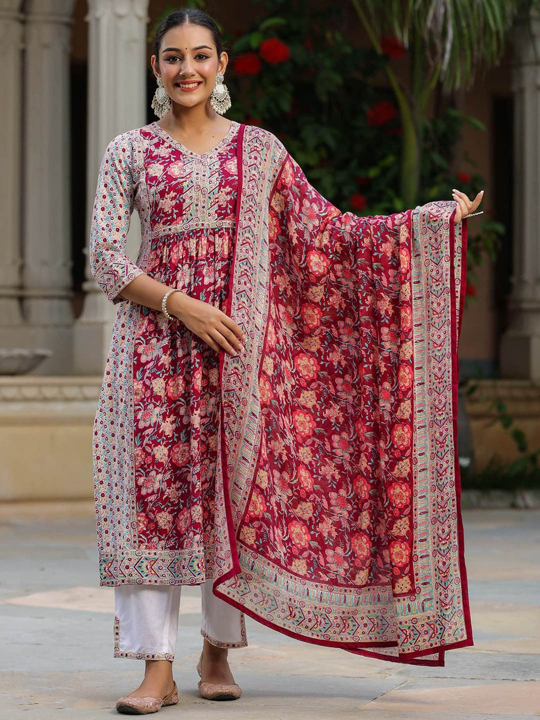 Floral Printed Pure Cotton A-line Kurta With Trousers & Dupatta