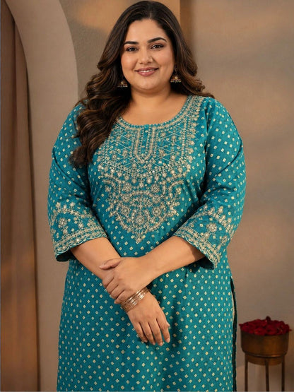 Plus Size Blue Bandhani Printed Silk Blend Straight Suit Set With Dupatta