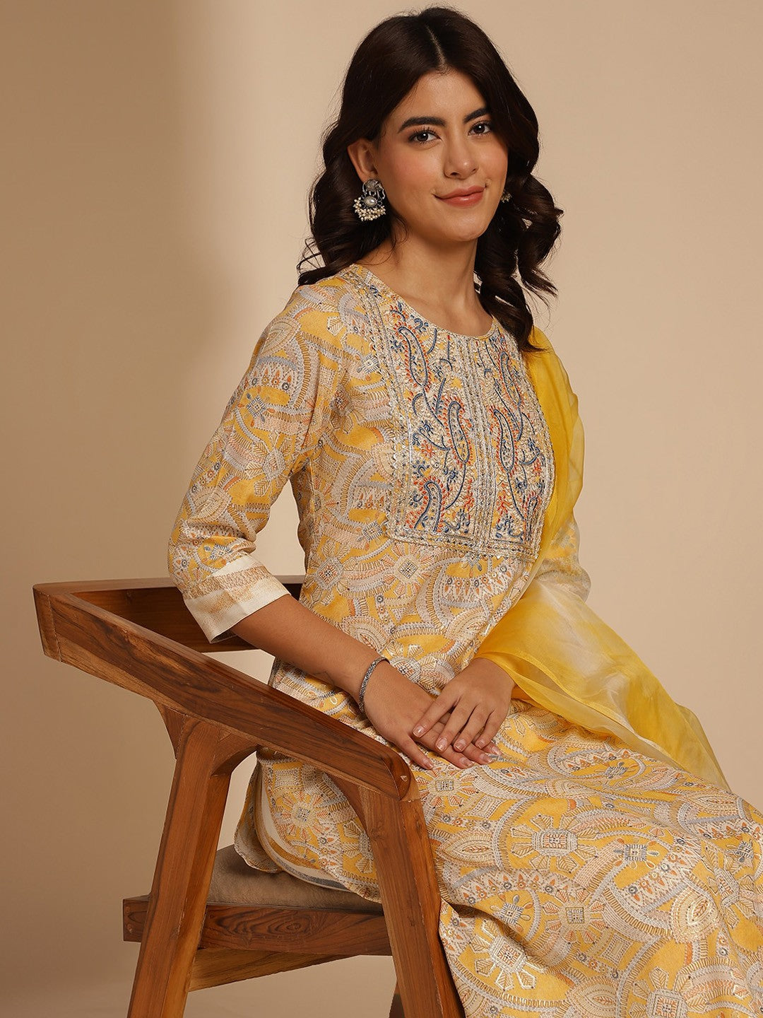 Mustard Yellow Ethnic Motifs Printed Thread Work Kurta with Trousers & Dupatta