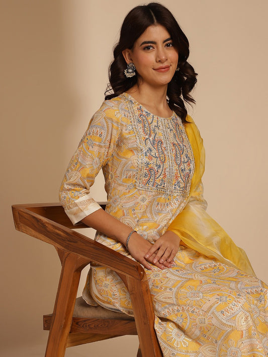 Mustard Yellow Ethnic Motifs Printed Thread Work Kurta with Trousers & Dupatta