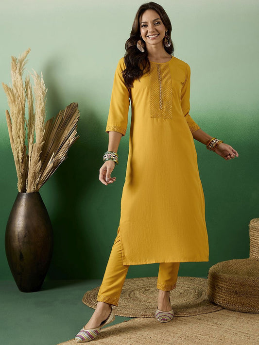 Round Neck Embroidered Straight Kurta With Trouser Set