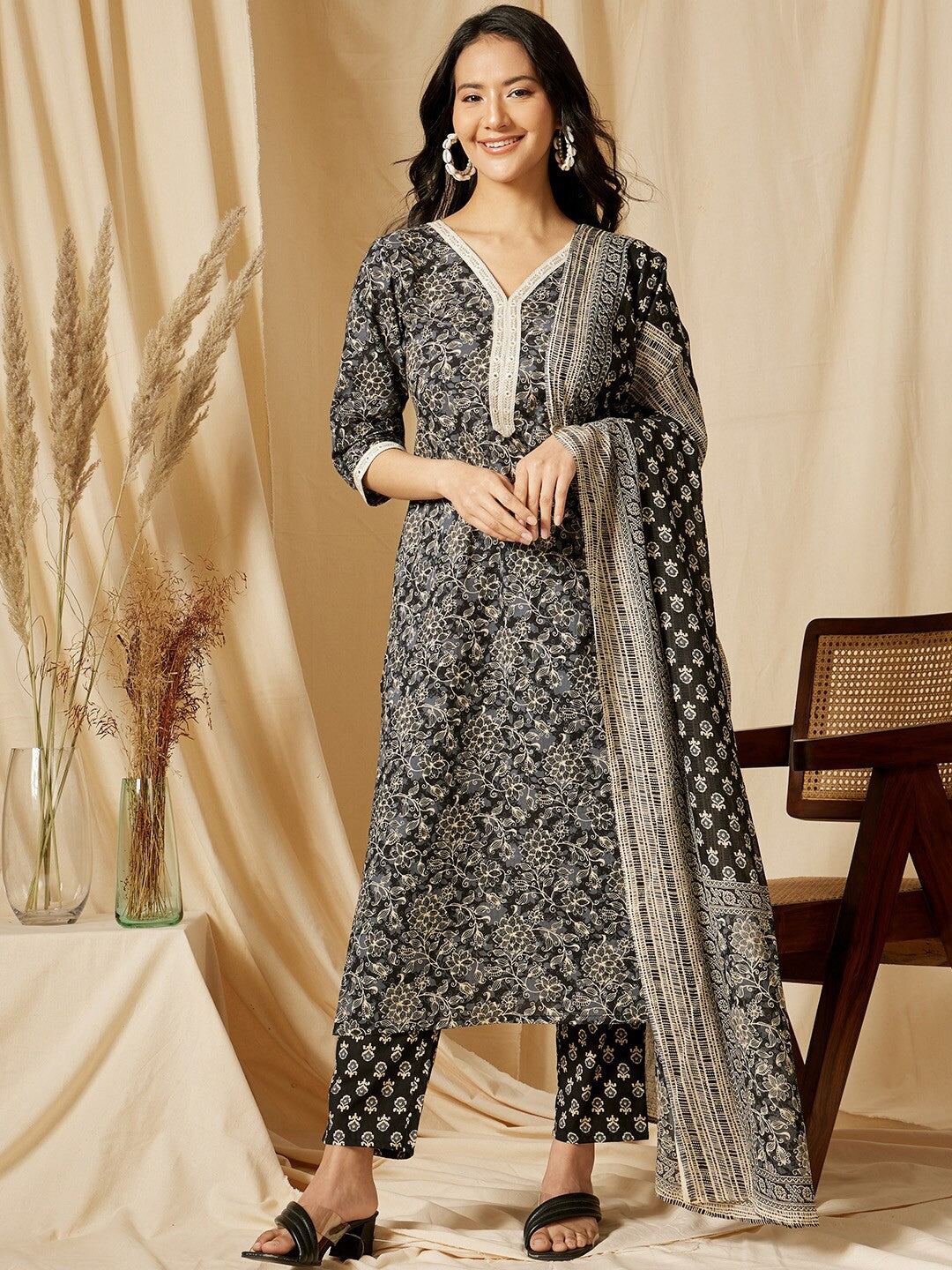 V Neck Floral Printed Pure Cotton Kurta with Trouser & Dupatta