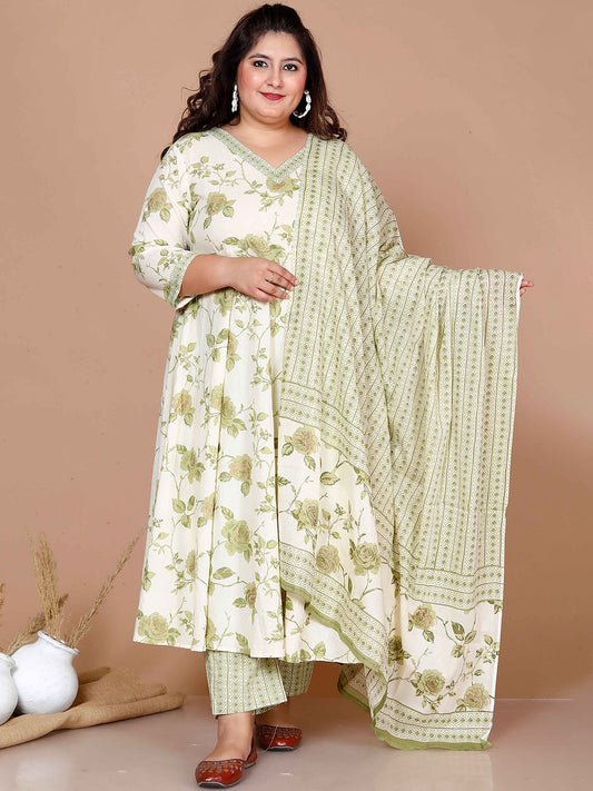 Plus Size Floral Printed Pure Cotton Anarkali Kurta with Trousers & Dupatta