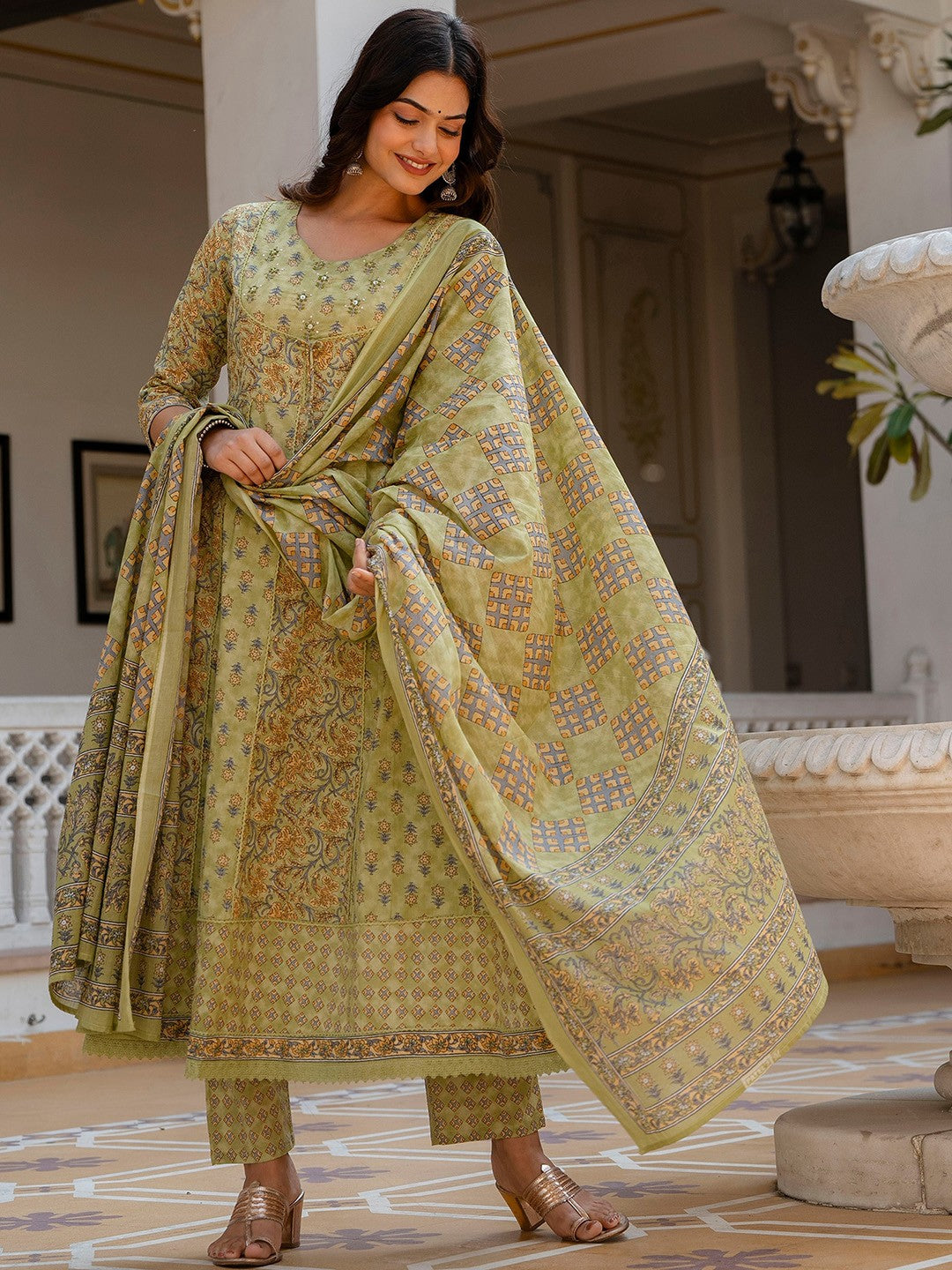 Green Floral Printed Panelled Pure Cotton Anarkali Kurta With Trousers & Dupatta