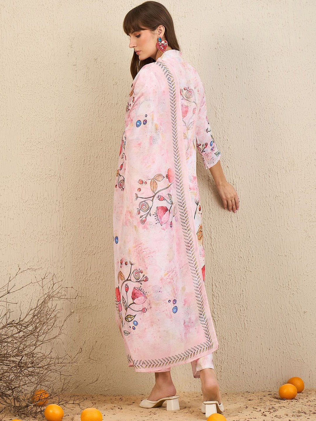 Floral Printed V-Neck Chanderi Silk Straight Kurta With Trousers & Dupatta