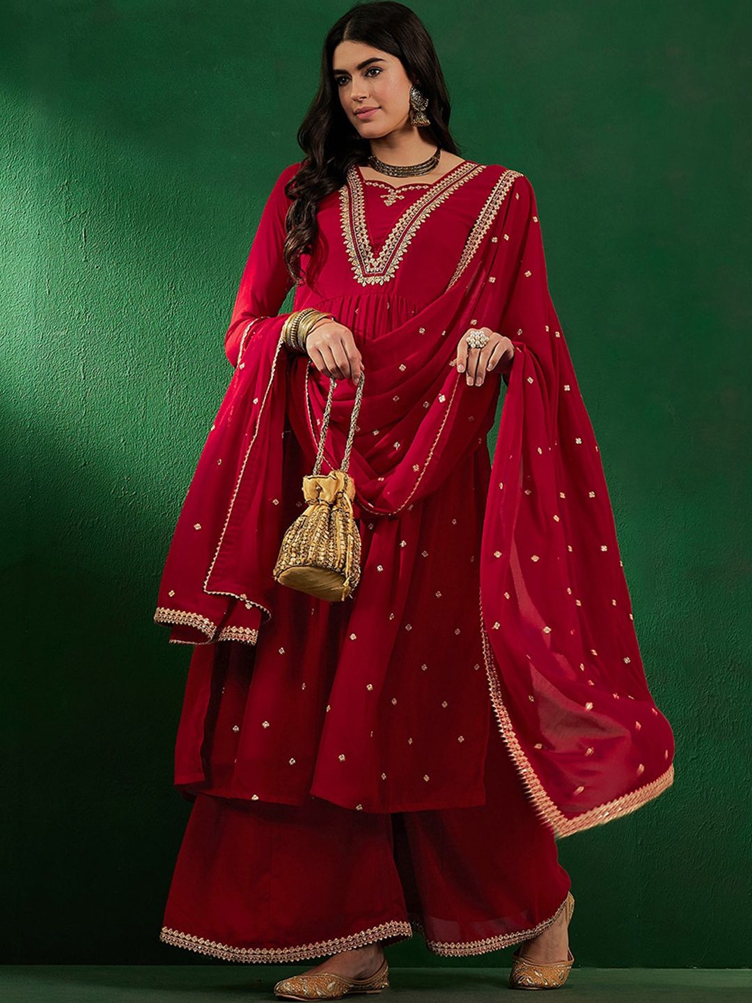 Embroidered Zari Sequined A-Line Georgette Kurta With Palazzo & Dupatta