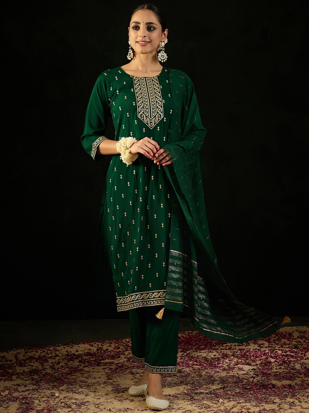 Geometric Embroidered Sequinned Chanderi Silk Straight Kurta & Trousers & Dupatta