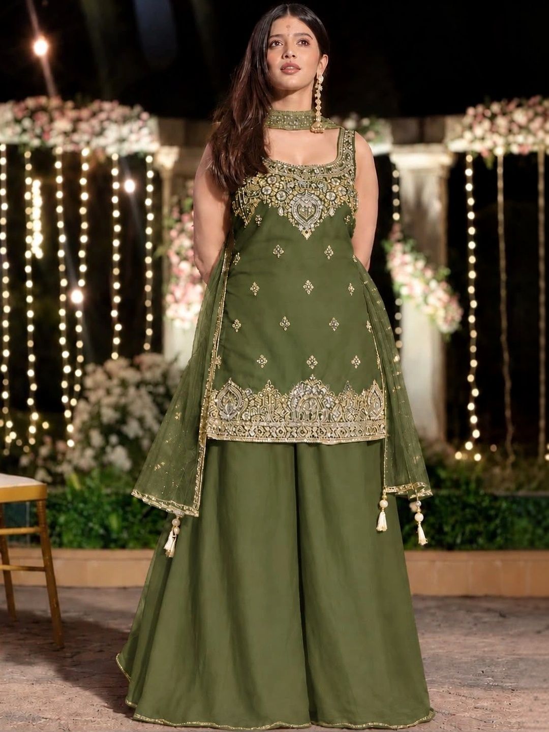 Women Ethnic Motifs Embroidered Regular Kurta with Sharara & With Dupatta