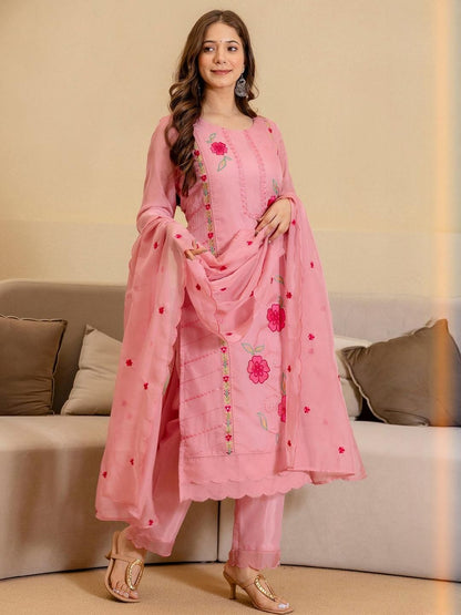 Women Floral Embroidered Straight Kurta with Trousers & Dupatta