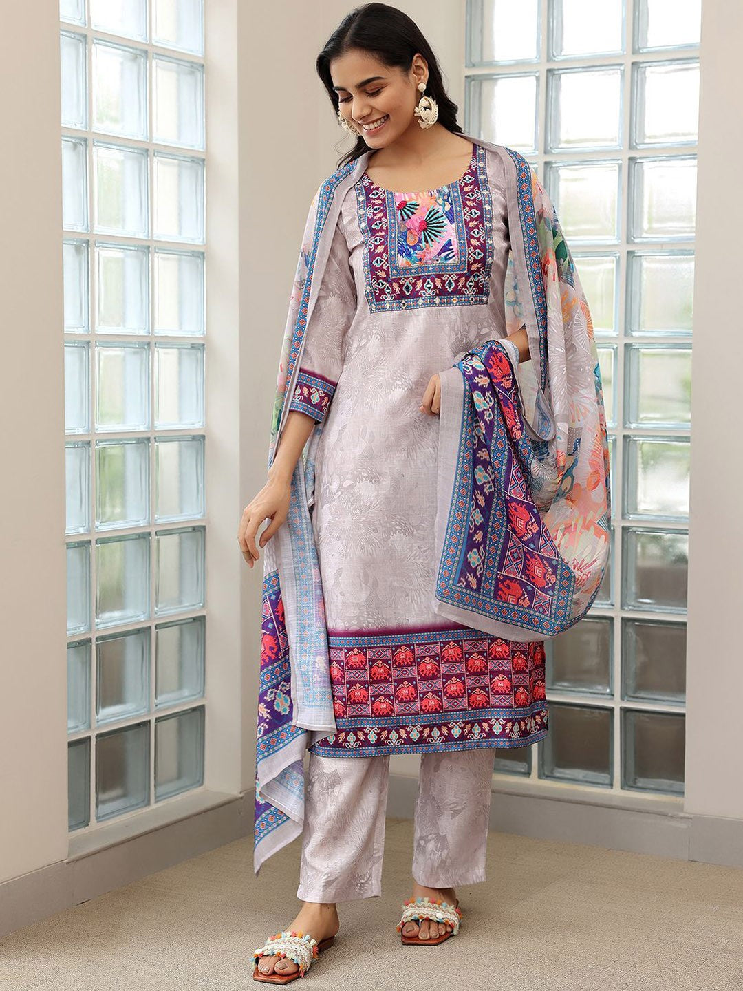 Floral Printed Regular Mirror Work Linen Straight Kurta with Trousers & Dupatta