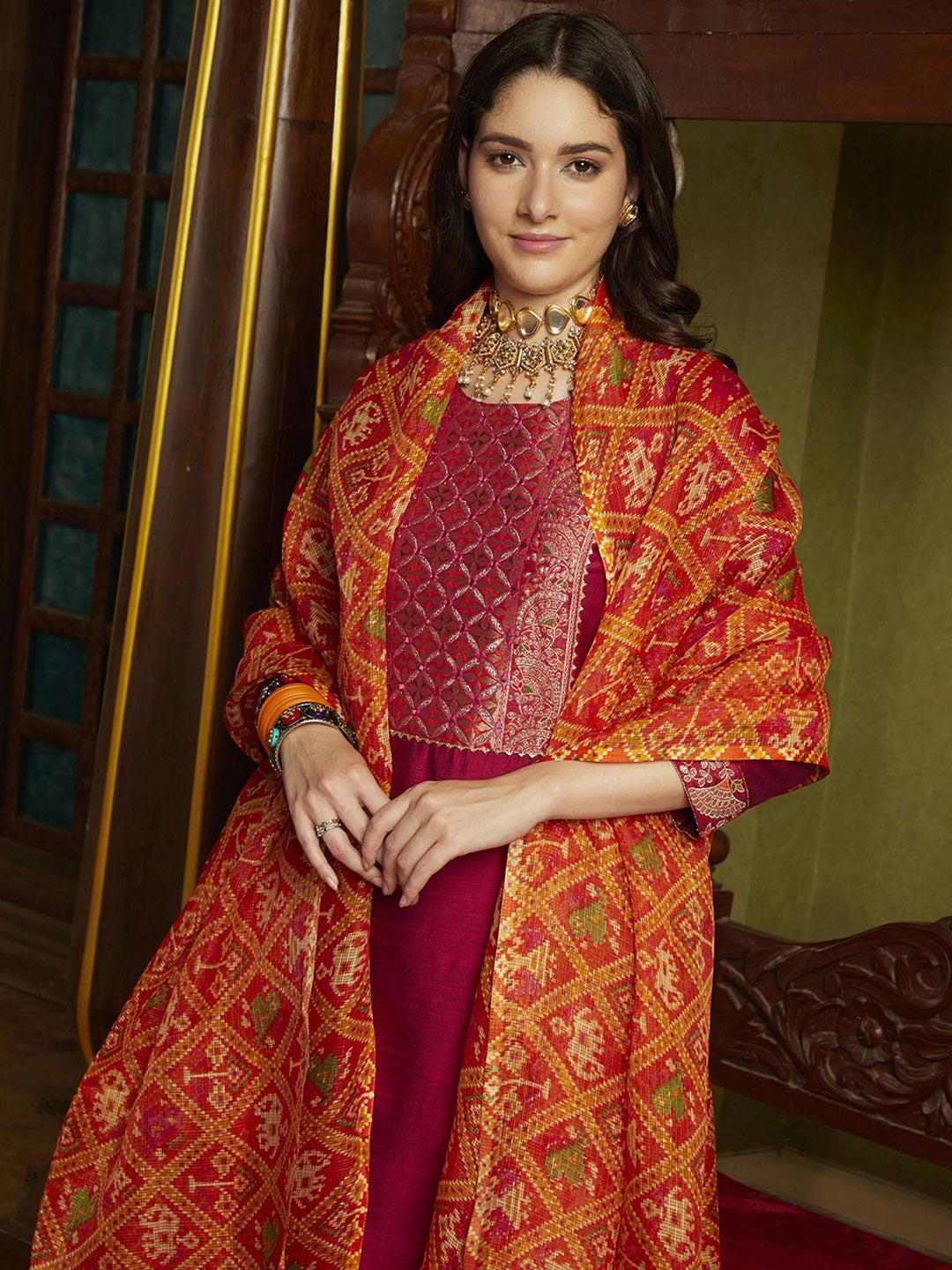 Embroidered Round-Neck Kurta With Trouser & Dupatta