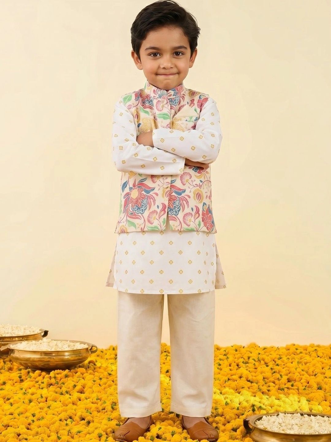 Boys Floral Printed Pure Cotton Straight Kurta With Churidar & Nehru jacket Set