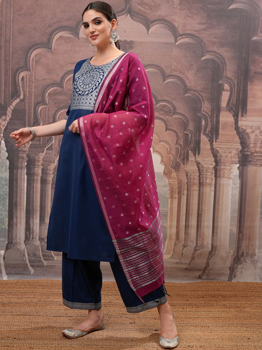 Teal Ethnic Motifs Yoke Design Straight Kurta with Palazzo & Dupatta