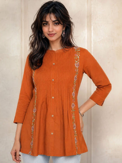 Women Mandarin Collar Embroidered Tunic
