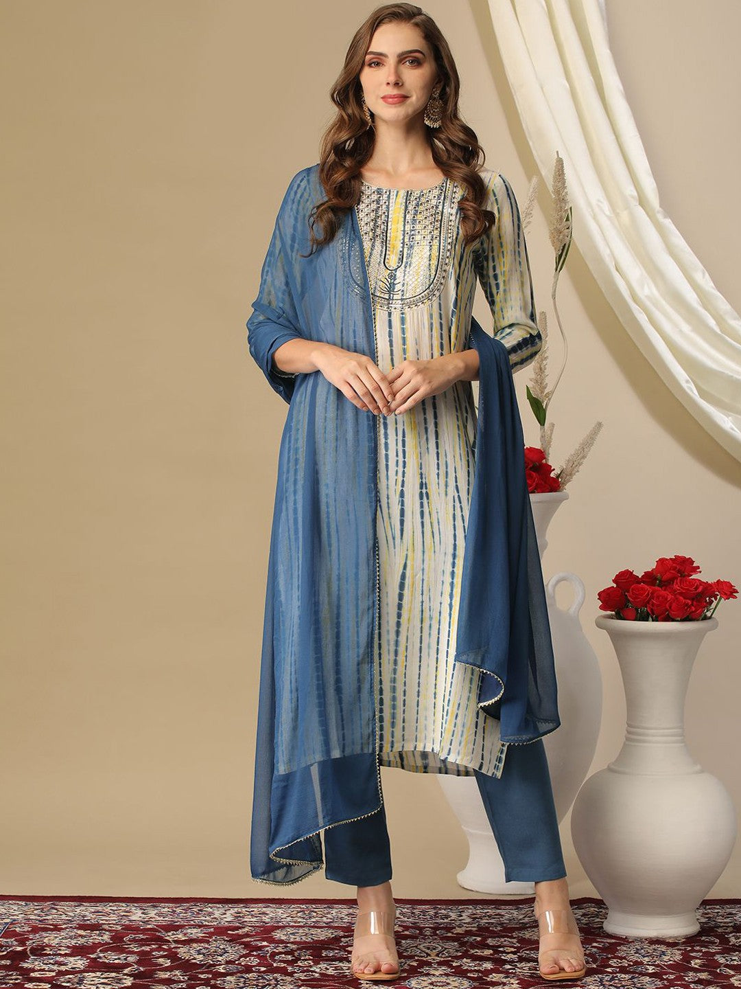 Printed Regular Kurta with Trousers & Dupatta