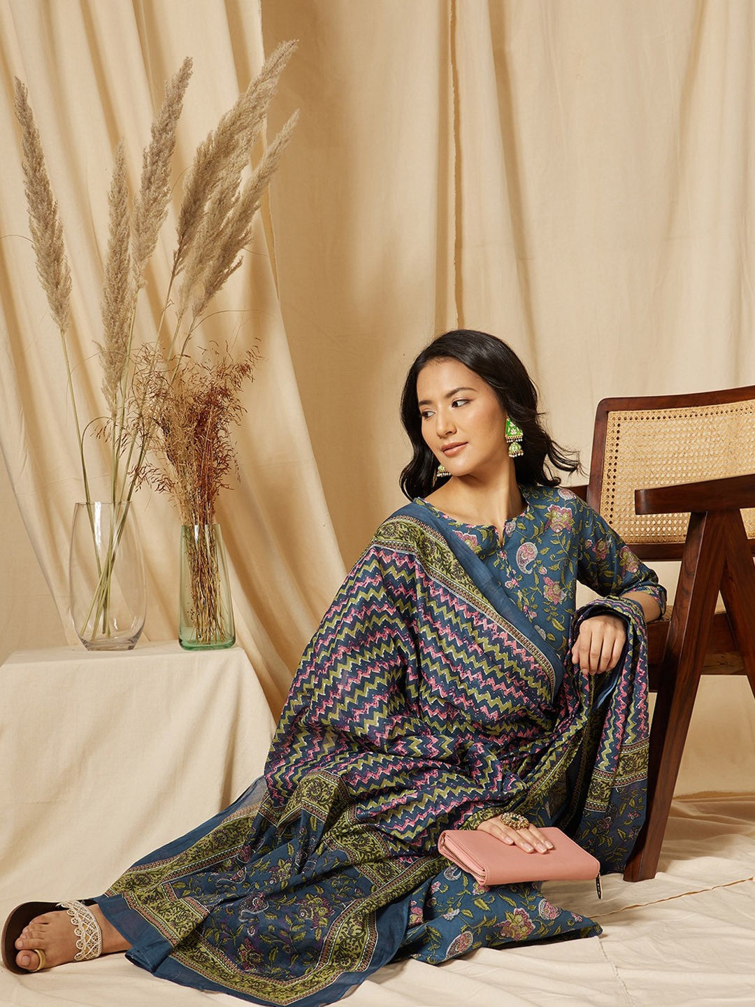 Notch Neck Floral Printed Pure Cotton Kurta with Palazzo & Dupatta