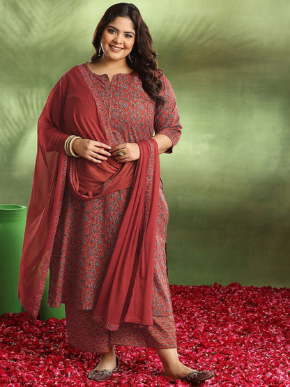 Women Plus Size Floral Printed Kurta with Palazzos & Dupatta