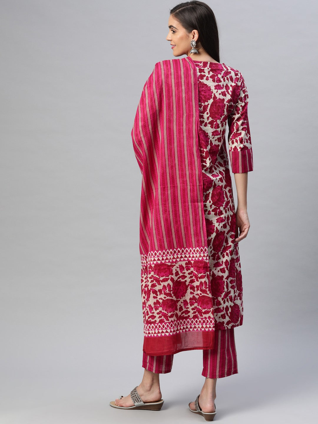 Women Magenta Printed Pure Cotton Kurta with Trousers & With Dupatta