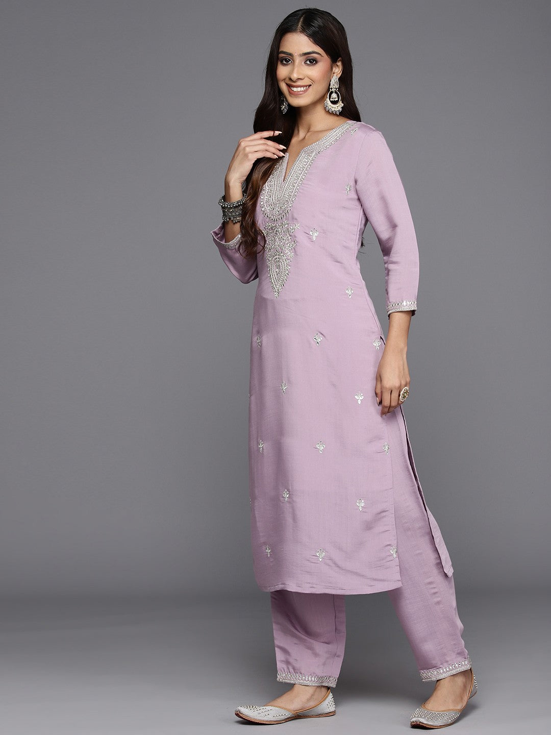 Ethnic Motifs Embroidered Regular Sequinned Kurta with Trousers & Dupatta