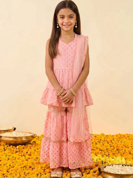 Girls Floral Printed Empire Kurta with Sharara & With Dupatta