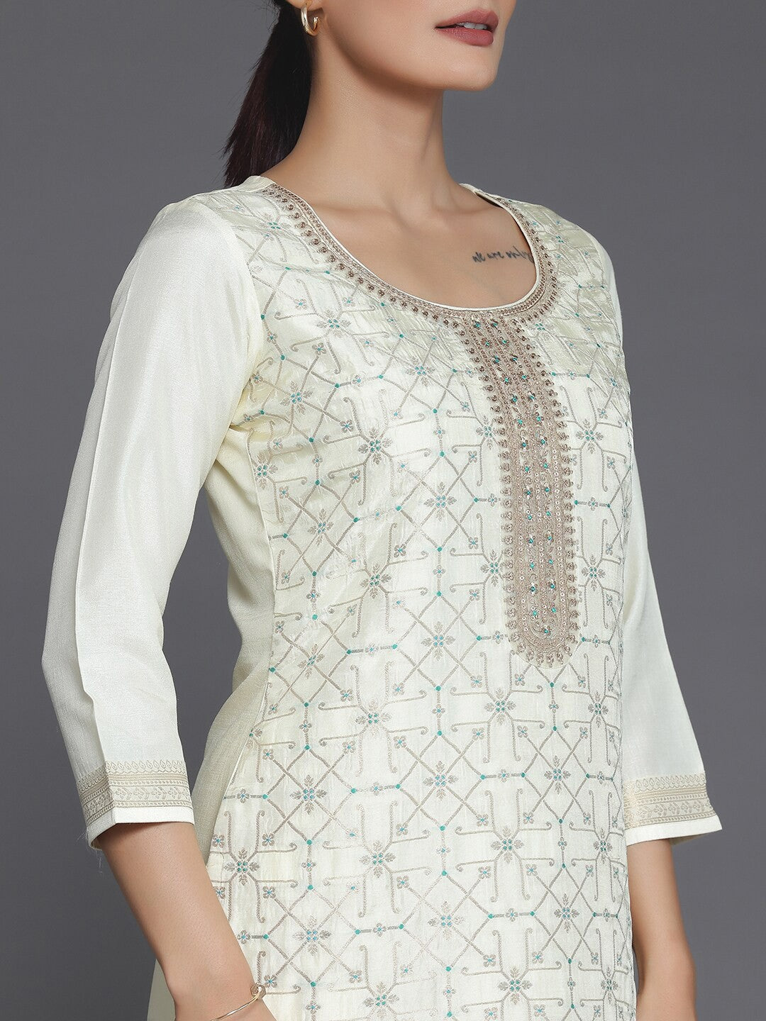 Cream Coloured Ethnic Woven Design Straight Kurta with Trousers & Dupatta