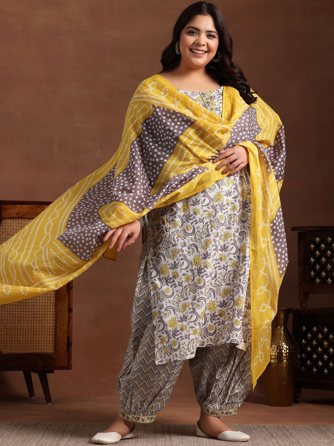 Plus Size Floral Printed Pure Cotton Kurta with Salwar & Dupatta