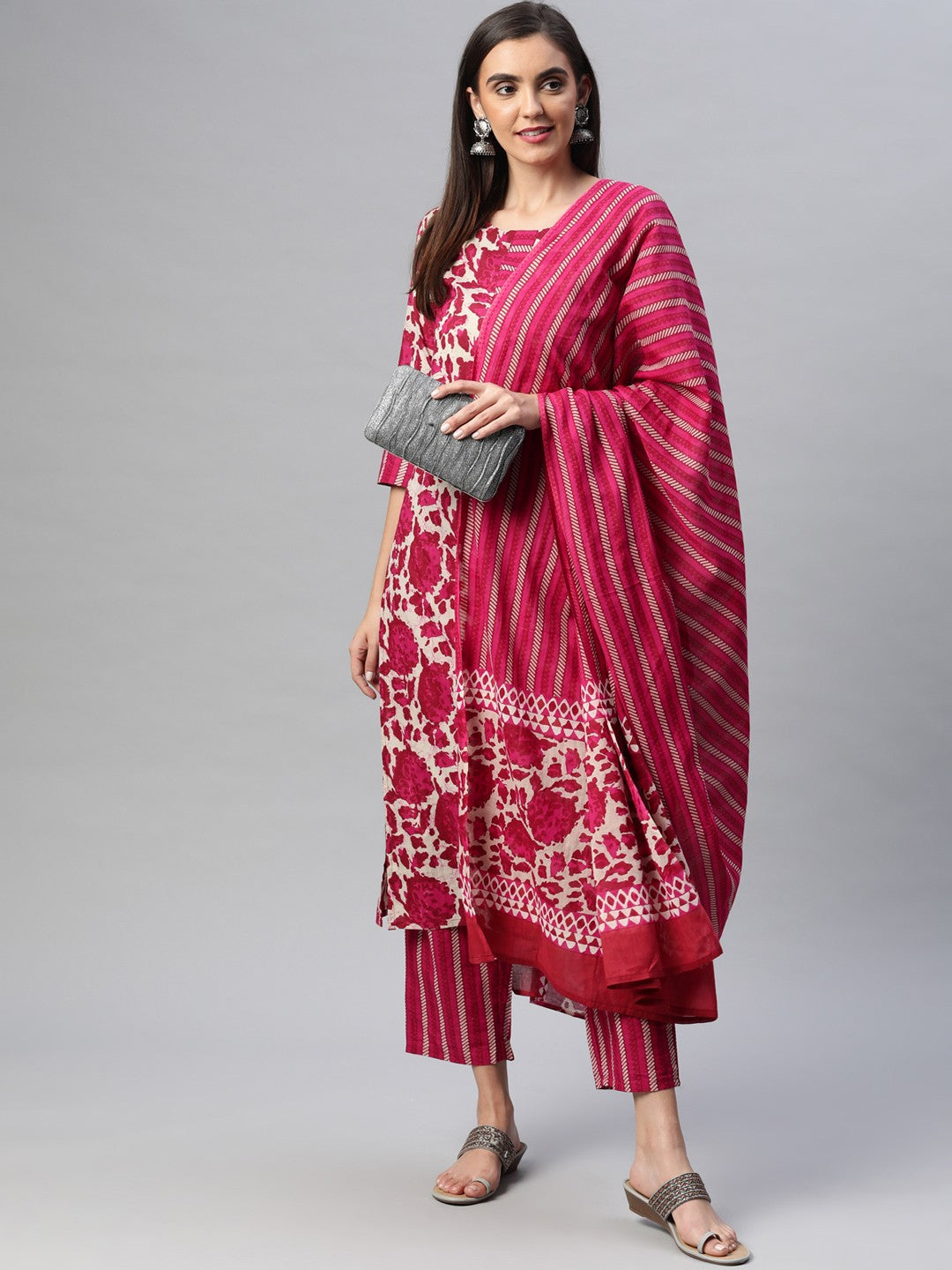 Women Magenta Printed Pure Cotton Kurta with Trousers & With Dupatta