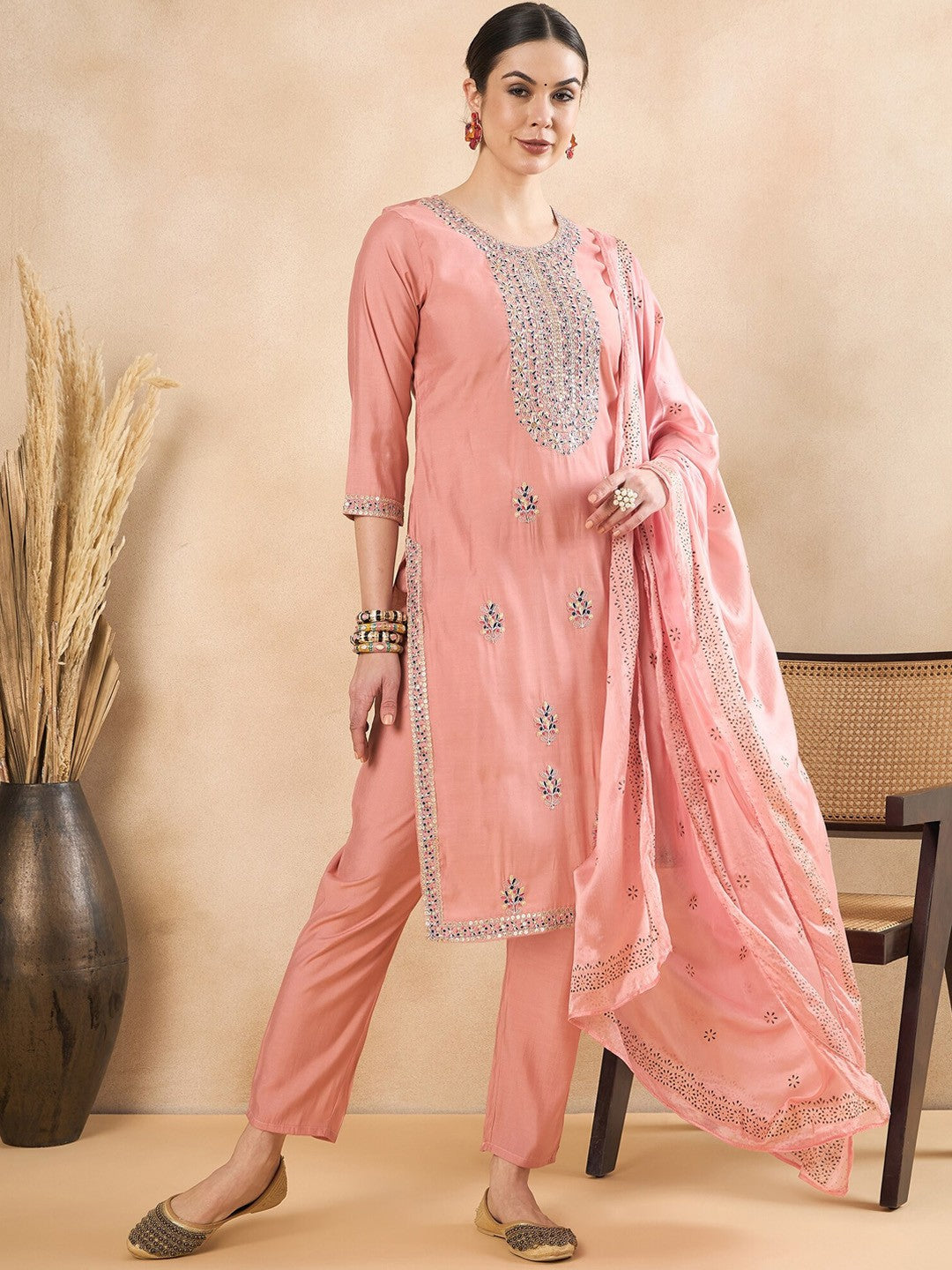 Peach-Coloured Floral Embroidered Regular Sequinned Kurta With Trousers & Dupatta