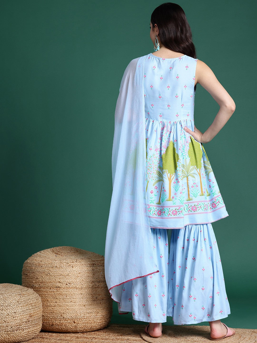 Printed Mirror Work Kurta with Sharara & Dupatta