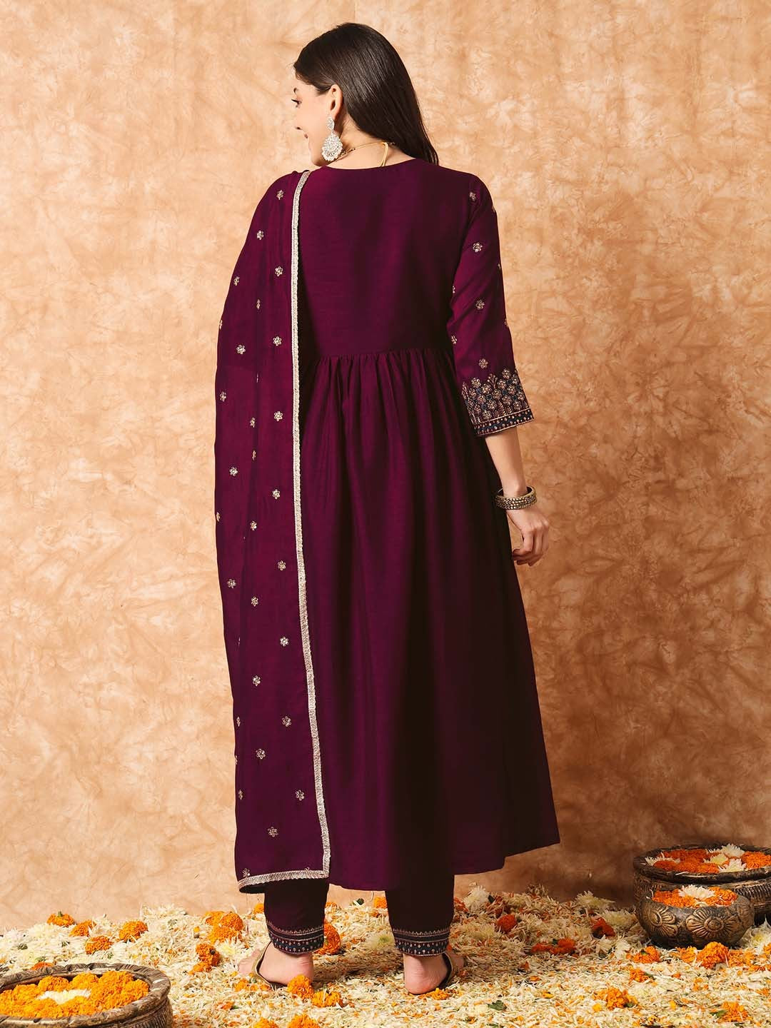 Floral Embroidered A-Line Kurta With Trousers & Dupatta