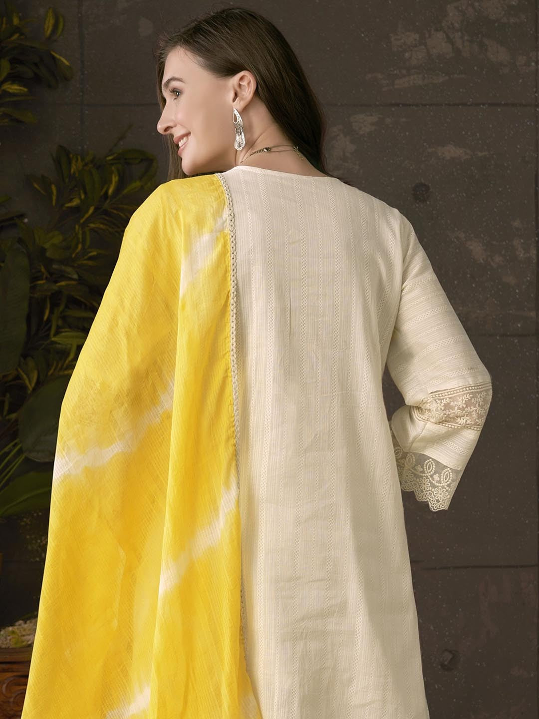 Embroidered Pleated Chikankari Pure Cotton A-Line Kurta With Trousers & Dupatta