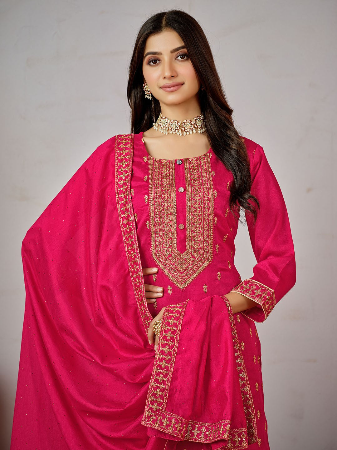 Pink Ethnic Motifs Embroidered Kurta with Churidar & Dupatta