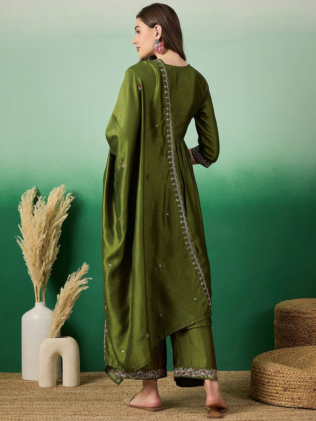 Floral Embroidered A-Line Kurta With Palazzo & Dupatta