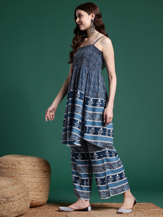 Shoulder Straps Printed Smocked Kurta with Trousers