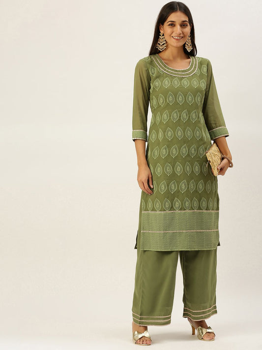 Women Green Ethnic Motifs Embroidered Chikankari Kurta with Palazzos