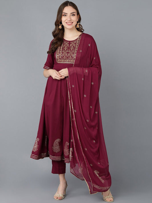 Women Burgundy Ethnic Motifs Yoke Design Kurti with Trousers & With Dupatta