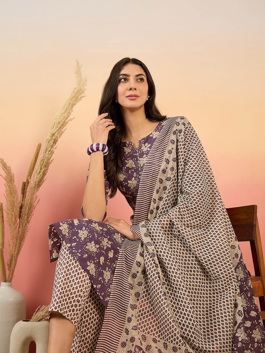 Floral Printed Pure Cotton Round Neck Kurta With Trousers & Dupatta