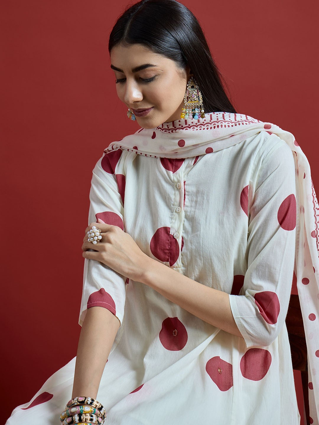 Maroon & Off White Geometric Printed Pure Cotton Kurta with Palazzos & With Dupatta